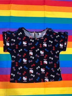 Sanrio Hello Kitty Union Jack Print Back Zip Shoulder Cut-Out Top, Black, Small